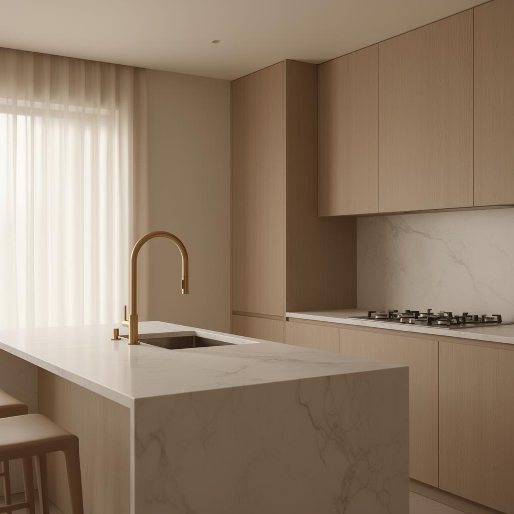 Modern minimalist luxury kitchen interior with warm neutral tones